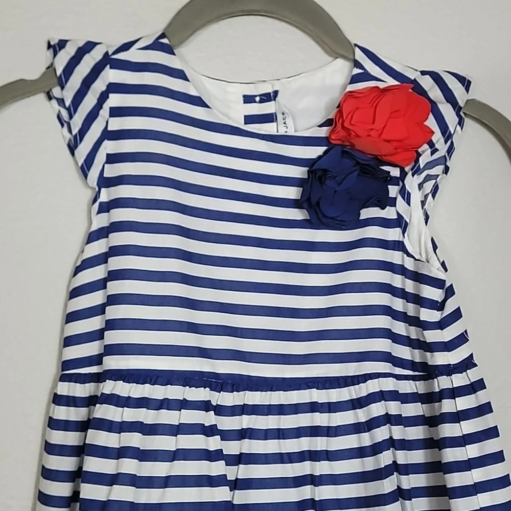 Janie & Jack Striped Ruffle Dress Size 5 Navy White Rosette Cotton Preppy Lined